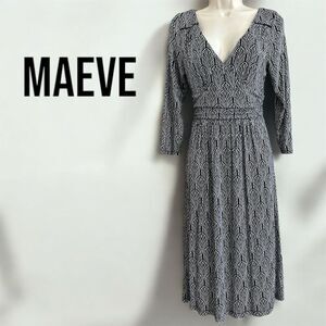 Anthropologie Maeve Black White Art Deco Surplice V Neck 3/4 Sleeve Dress